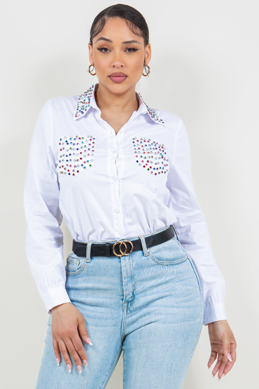OP-240102 EMBELLISHED BUTTON FRONT POPLIN SHIRT 6 PIECES 2/S 2/M 2/L