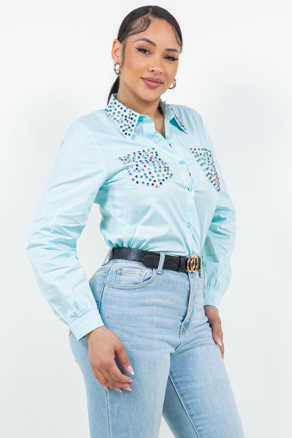 OP-240102 EMBELLISHED BUTTON FRONT POPLIN SHIRT 6 PIECES 2/S 2/M 2/L
