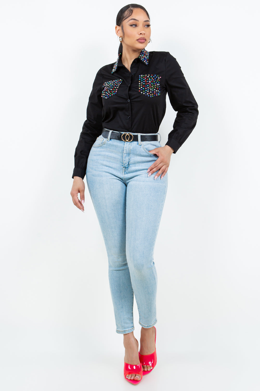 OP-240102 EMBELLISHED BUTTON FRONT POPLIN SHIRT 6 PIECES 2/S 2/M 2/L