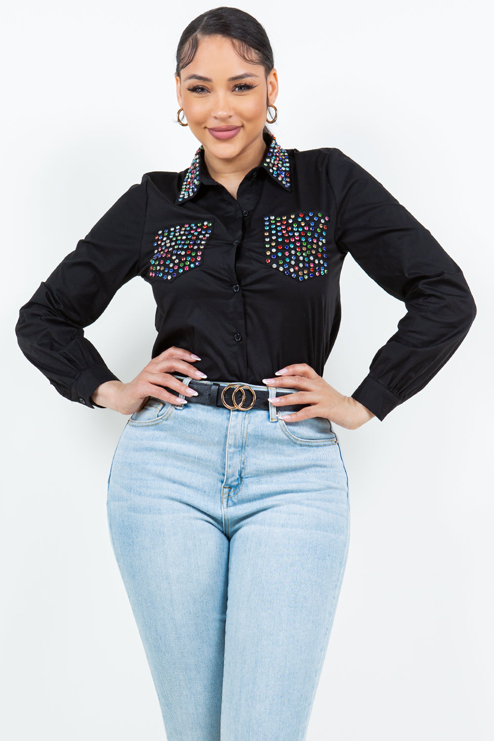 OP-240102 EMBELLISHED BUTTON FRONT POPLIN SHIRT 6 PIECES 2/S 2/M 2/L