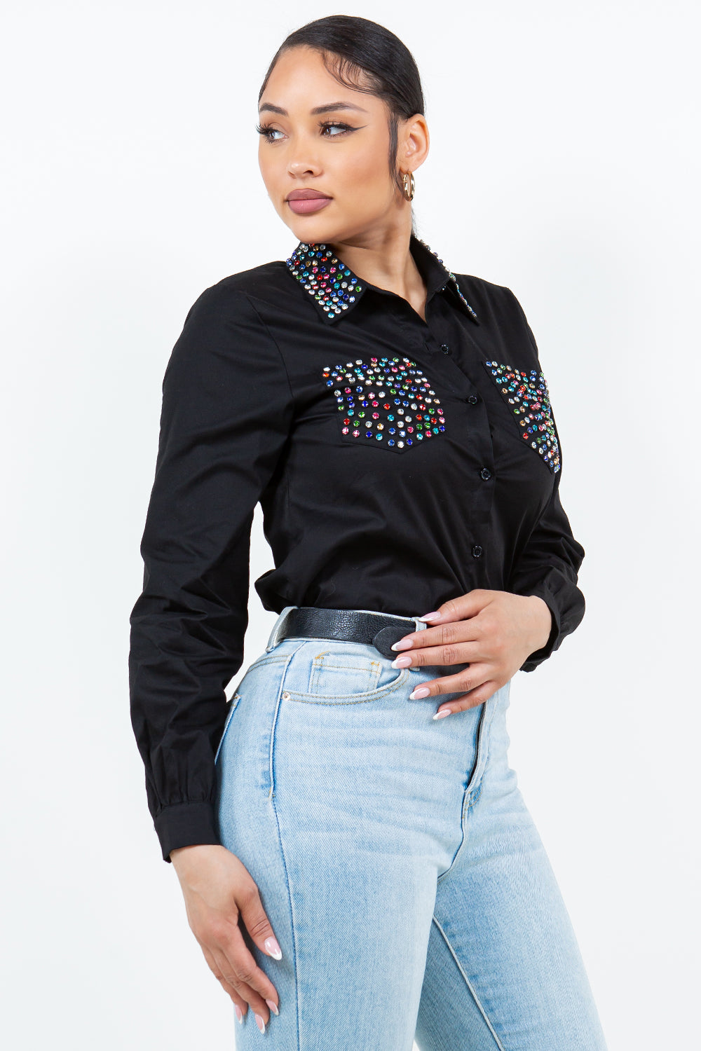 OP-240102 EMBELLISHED BUTTON FRONT POPLIN SHIRT 6 PIECES 2/S 2/M 2/L