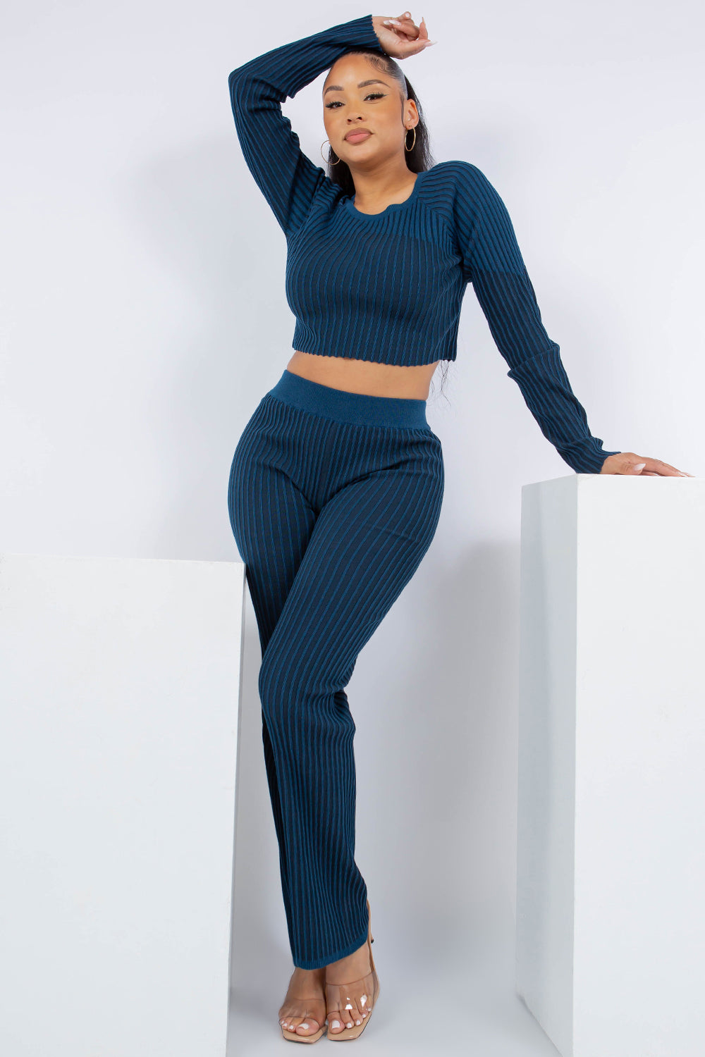 OOPS-230611 RIBBED KNIT 2 PCS SET TOP AND PANTS 6 PIECES 2/S 2/M 2/L