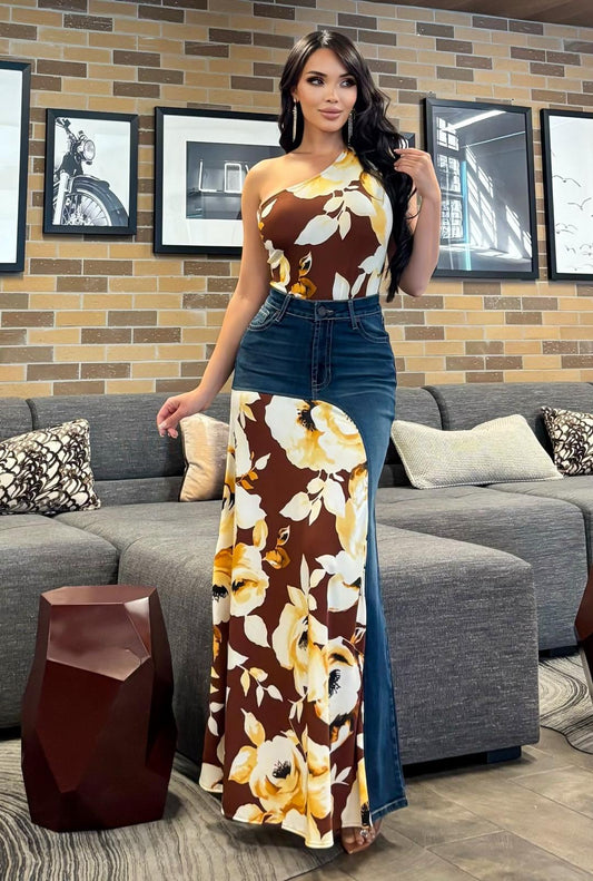 COLOR BLOCK 2 PIECES PRINT DENIM SET PACKAGE OF 2/S 2/M 2/L