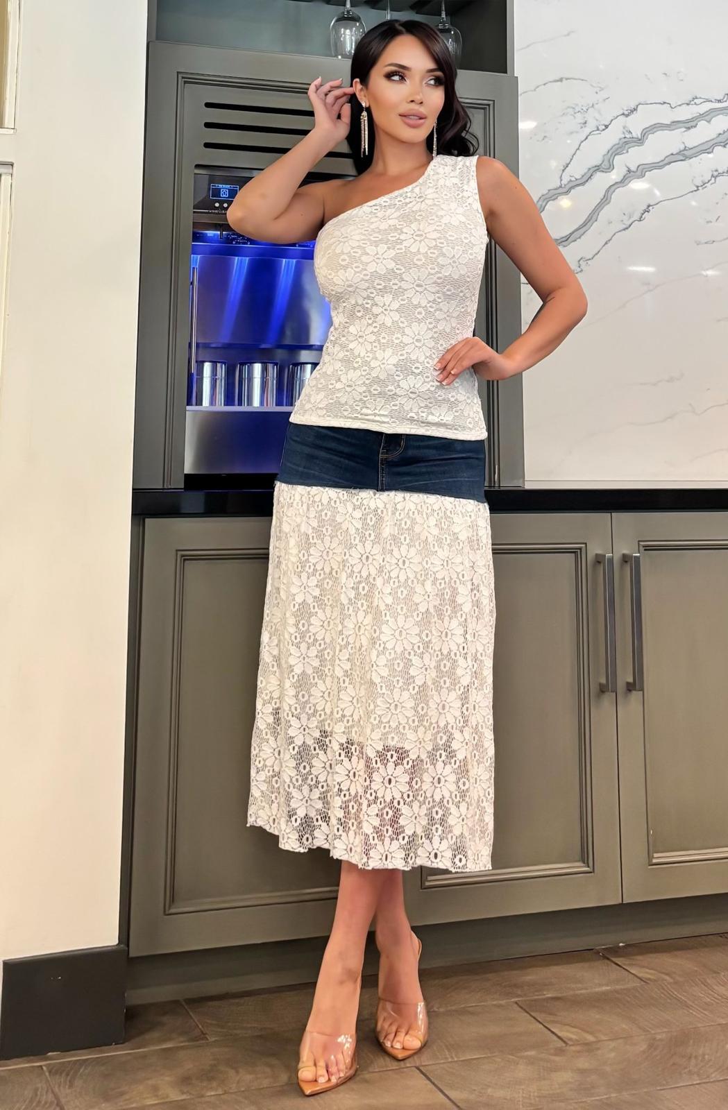OP-0013 ASYMMETRIC LACE TOP 2 PIECES DENIM SET PACKAGE OF 2/S 2/M 2/L