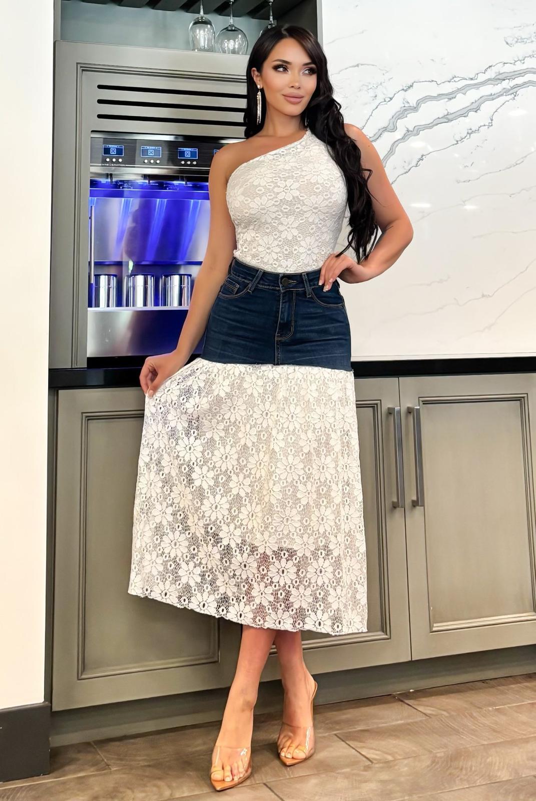 OP-0013 ASYMMETRIC LACE TOP 2 PIECES DENIM SET PACKAGE OF 2/S 2/M 2/L