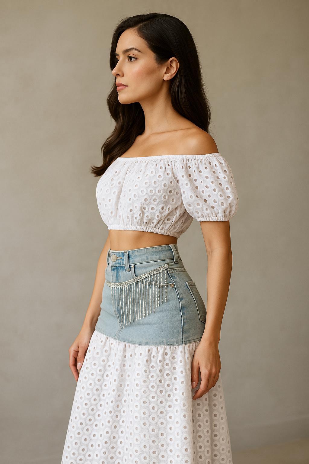 OP-0026 EYELET UNDER SHOULDER TOP 2 PIECES DENIM SET PACKAGE OF 2/S 2/M 2/L
