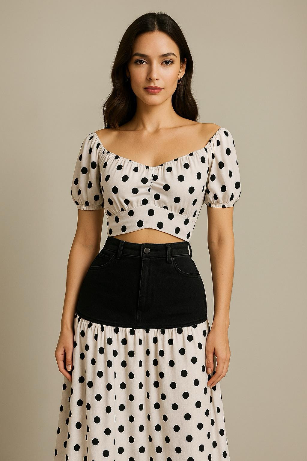 OP-0016 POLKA DOT PRINT 2 PIECES DENIM SET PACKAGE OF 2/S 2/M 2/L