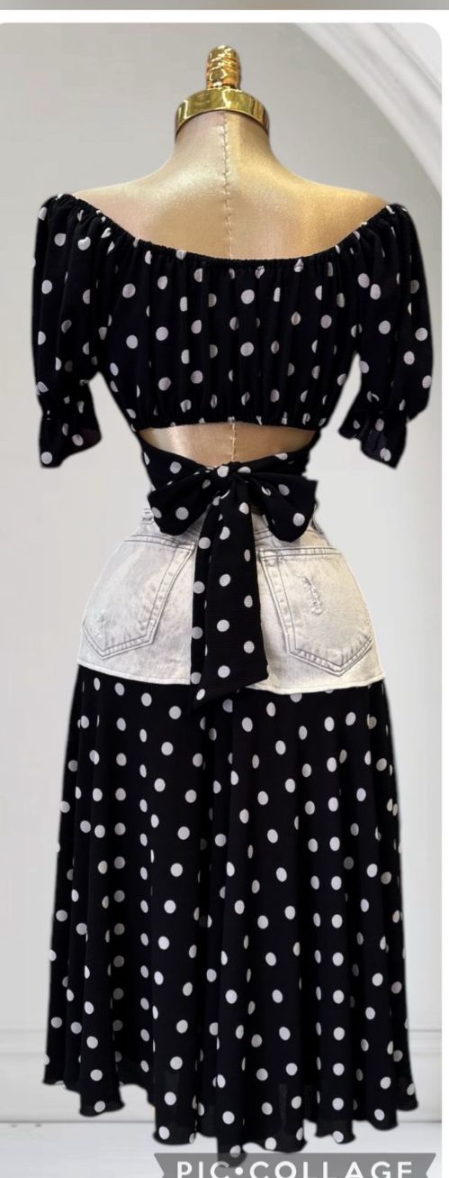 OP-0016 POLKA DOT PRINT 2 PIECES DENIM SET PACKAGE OF 2/S 2/M 2/L
