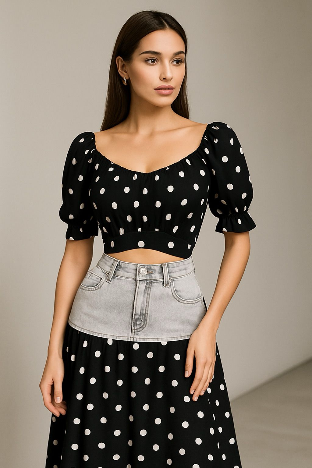 OP-0016 POLKA DOT PRINT 2 PIECES DENIM SET PACKAGE OF 2/S 2/M 2/L