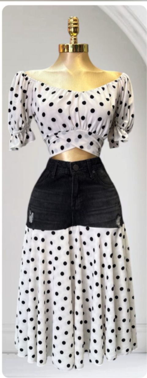 OP-0016 POLKA DOT PRINT 2 PIECES DENIM SET PACKAGE OF 2/S 2/M 2/L