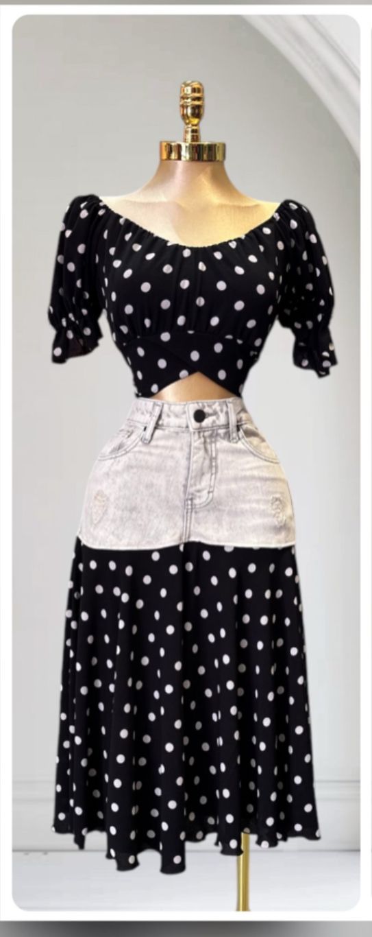 OP-0016 POLKA DOT PRINT 2 PIECES DENIM SET PACKAGE OF 2/S 2/M 2/L