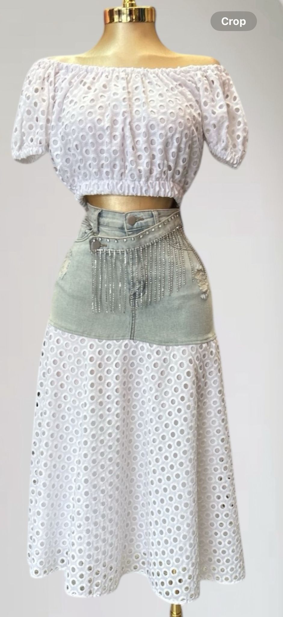 OP-0026 EYELET UNDER SHOULDER TOP 2 PIECES DENIM SET PACKAGE OF 2/S 2/M 2/L