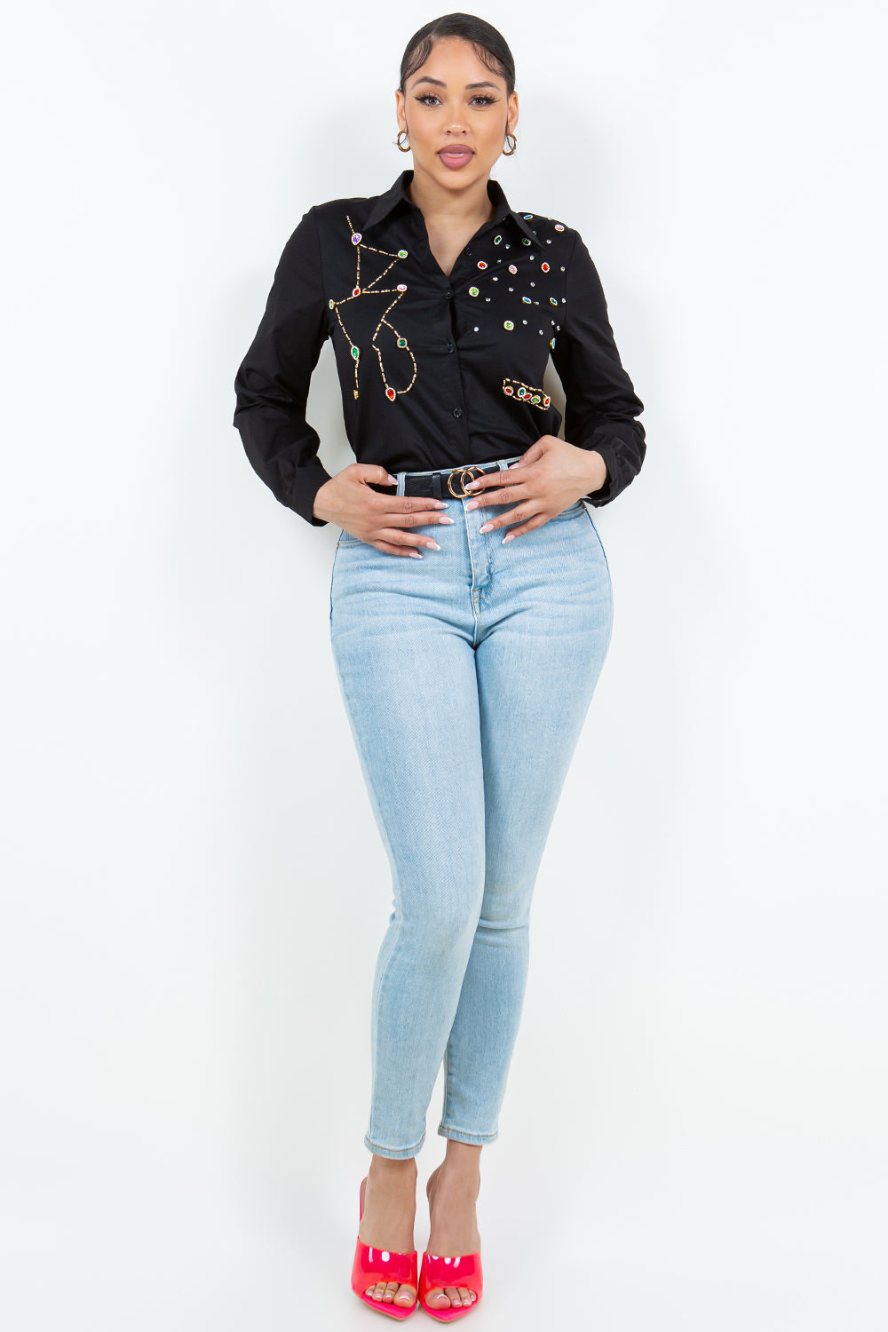 OP-240101 EMBELLISHED  BUTTON UP SHIRT 6 PIECES 2/S 2/M 2/L