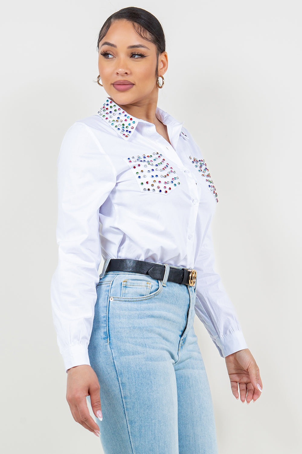 OP-240102 EMBELLISHED  BUTTON FRONT POPLIN SHIRT 6 PIECES 2/S 2/M 2/L