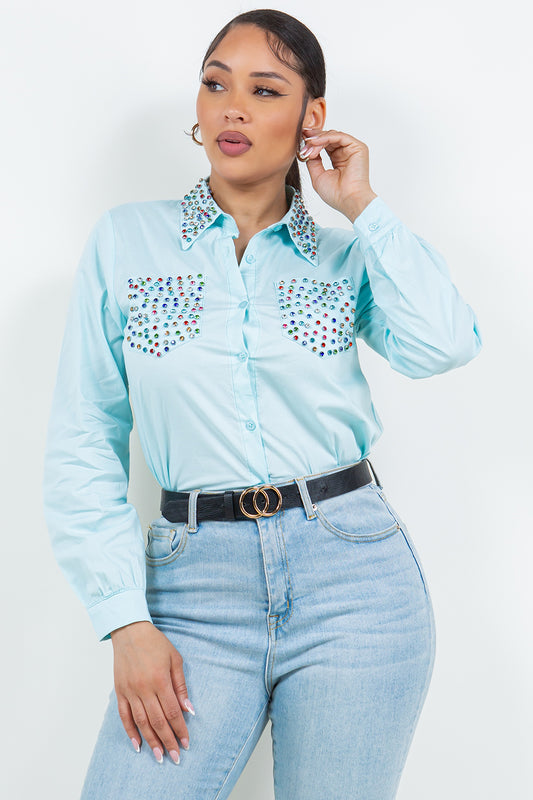 OP-240102 EMBELLISHED  BUTTON FRONT POPLIN SHIRT 6 PIECES 2/S 2/M 2/L