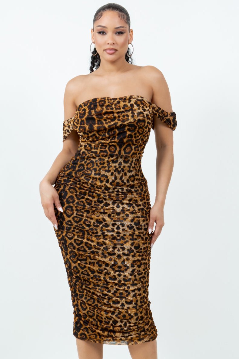 OP-494 OFF SHOULDER ANIMAL PRINT RUCHED DRESS 6 PIECES 2/S 2/M 2/L