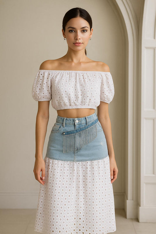 OP-0026 EYELET UNDER SHOULDER TOP 2 PIECES DENIM SET PACKAGE OF 2/S 2/M 2/L